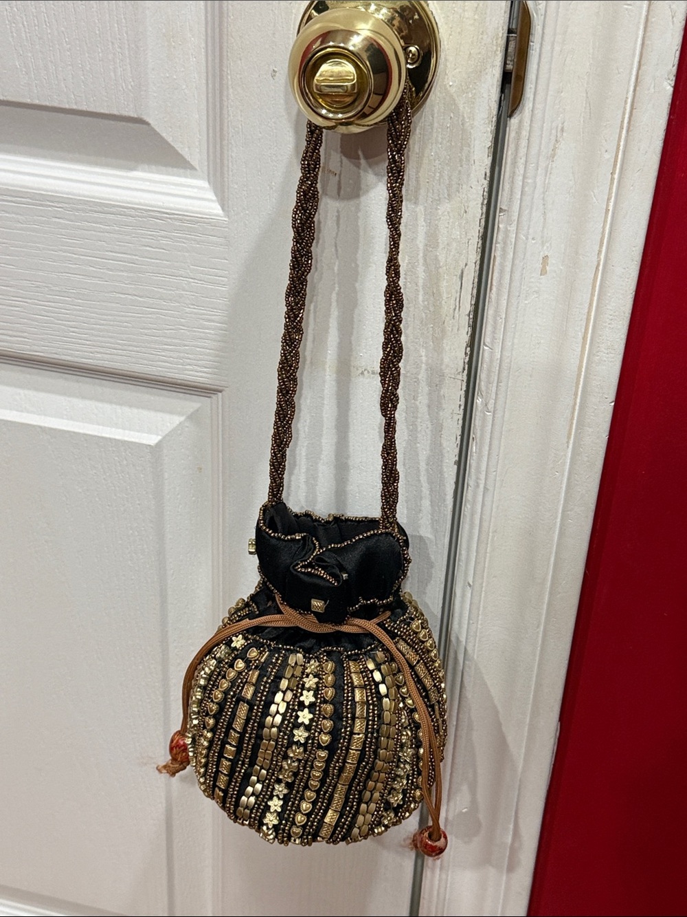 Beaded Black and Gold Drawstring Evening Bag